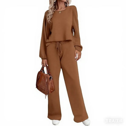 Women's two-piece set long sleeved pullover top with pockets wide leg pants casual set Pajama Loungewear Nightwear