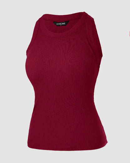 O-Neck Knit Sleeveless Basic Slim Fit Tummy Control Tank Casual Top(Without Pads)