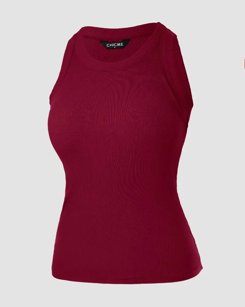 O-Neck Knit Sleeveless Basic Slim Fit Tummy Control Tank Casual Top(Without Pads)