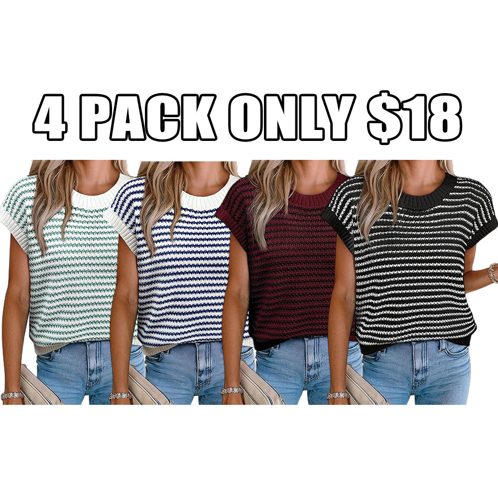 Women's knitted vest, striped pullover, sleeveless top, round neck