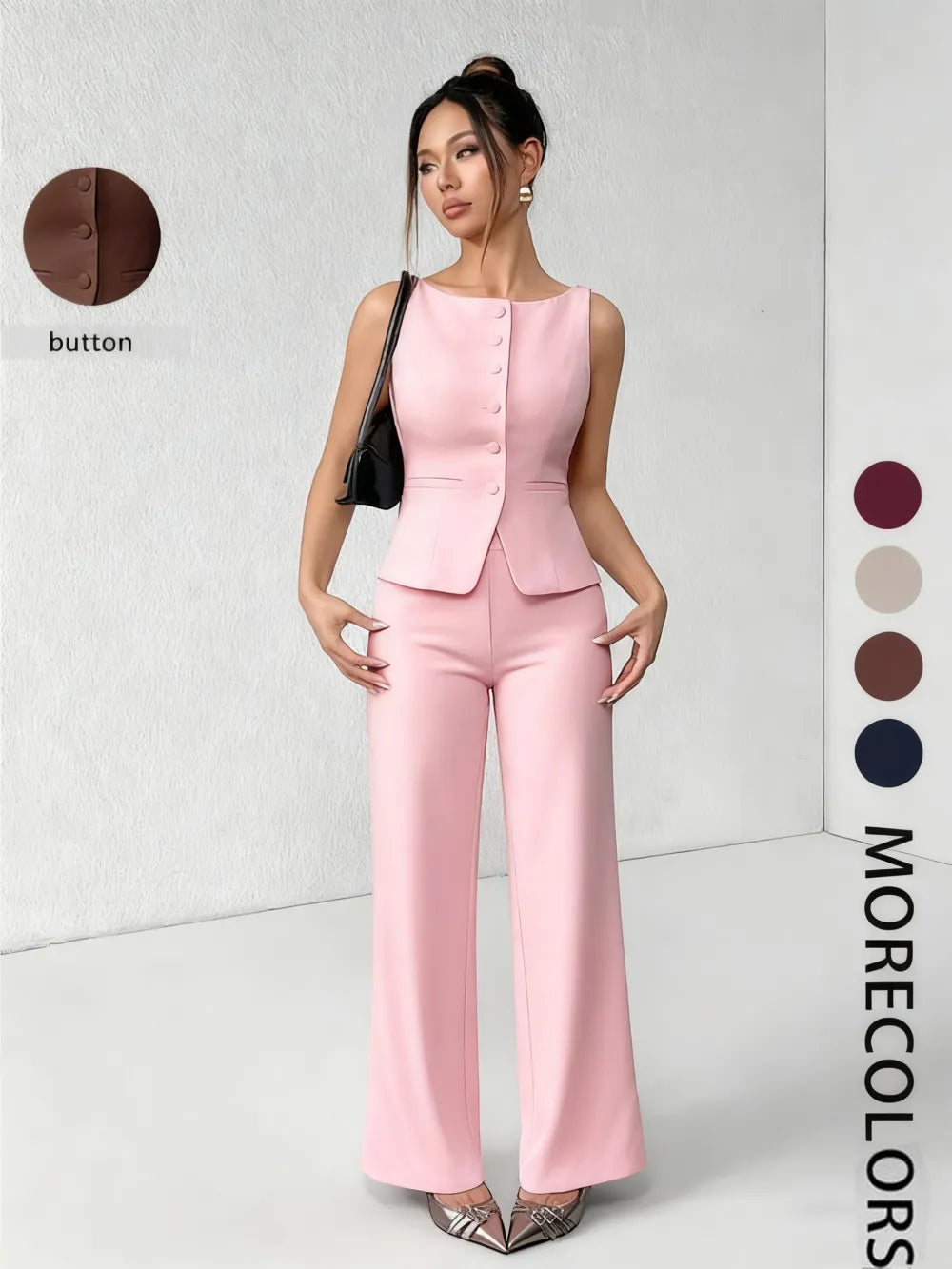 Women's Solid Button Front Tank Top & Wide Leg Pants Set