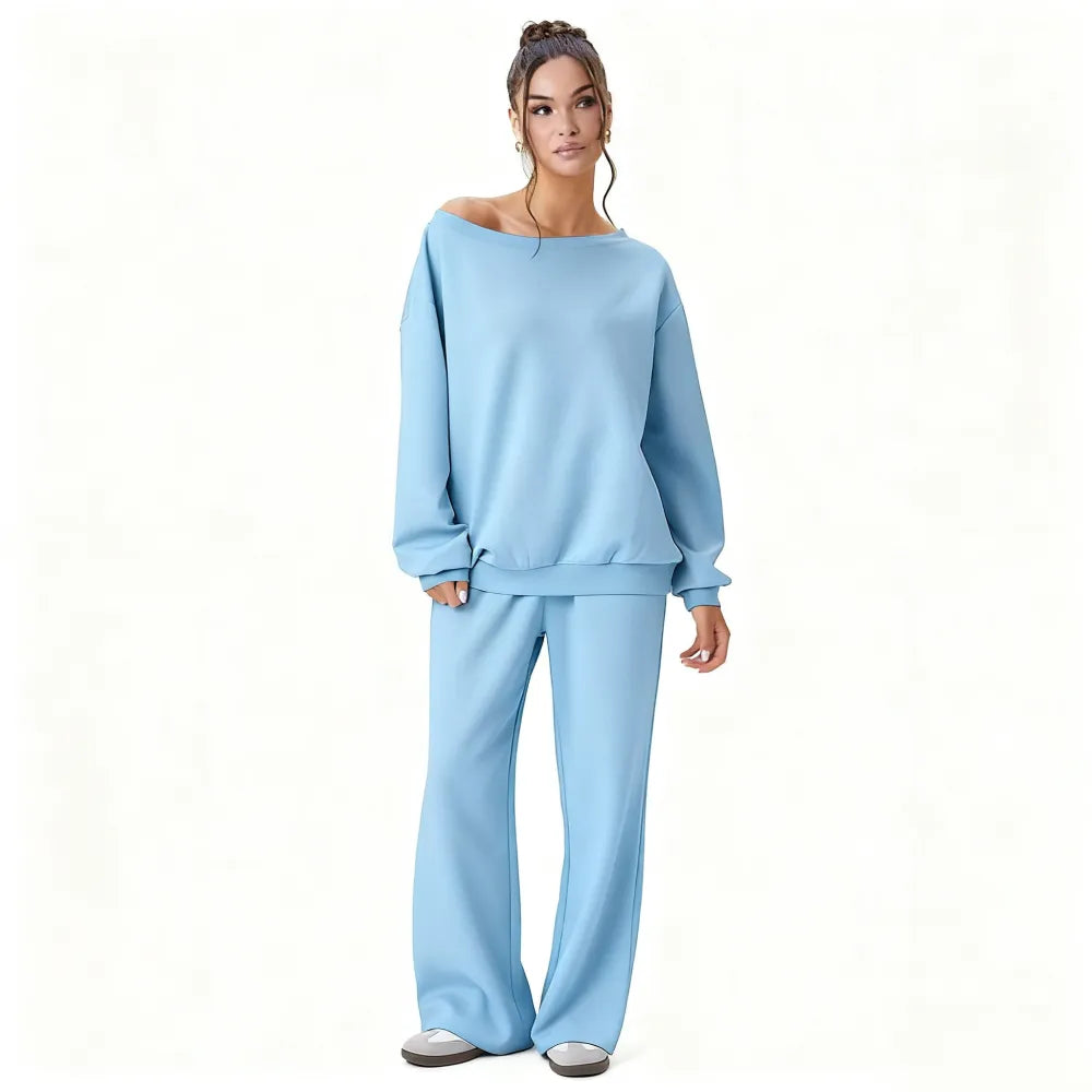Women's Leisure Solid Color Sloping Shoulder Long Sleeve Top & Wide Leg Trousers Co-ord