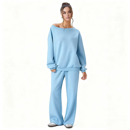 Women's Leisure Solid Color Sloping Shoulder Long Sleeve Top & Wide Leg Trousers Co-ord