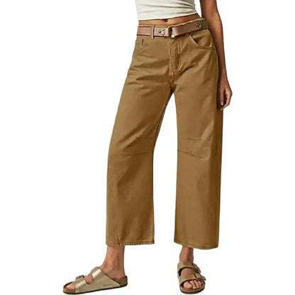 Solid Stitch Detail Mid Waist Crop Baby Barrel Pants