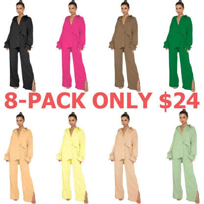 Women's Solid Button Front Shirt & Split Hem Pants Set