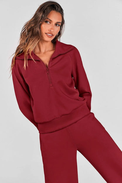 Women's 2 Piece Outfits Casual Lapel Half Zip Sweatshirts And Wide Leg Pants Tracksuit Sets