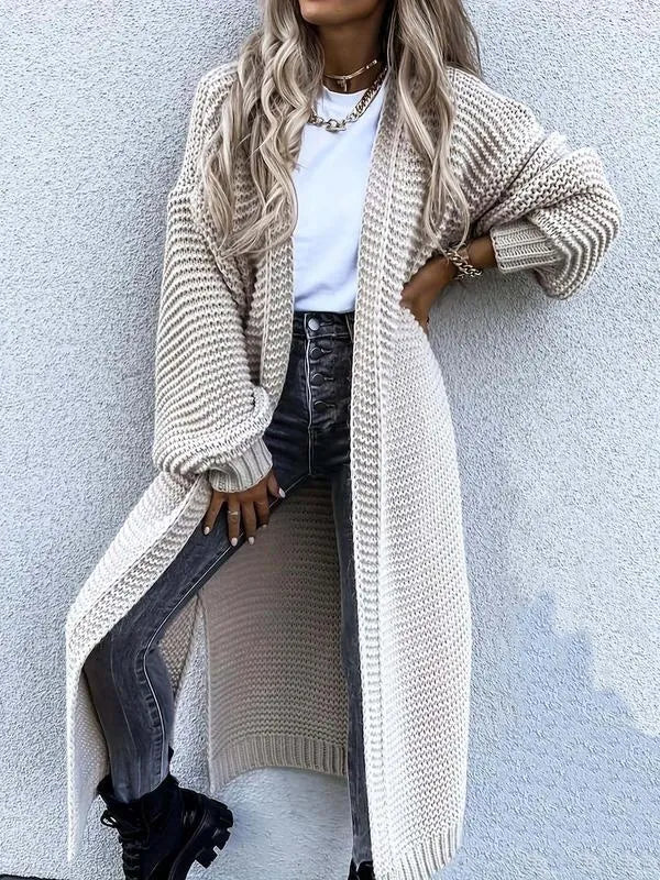 Women's Solid Split Hem Bishop Sleeve Open Front Longline Cardigan, Knit Clothing for Daily Wear, Womenswear