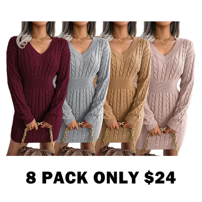Women's Cable Knit Sweater Dress With V Neck