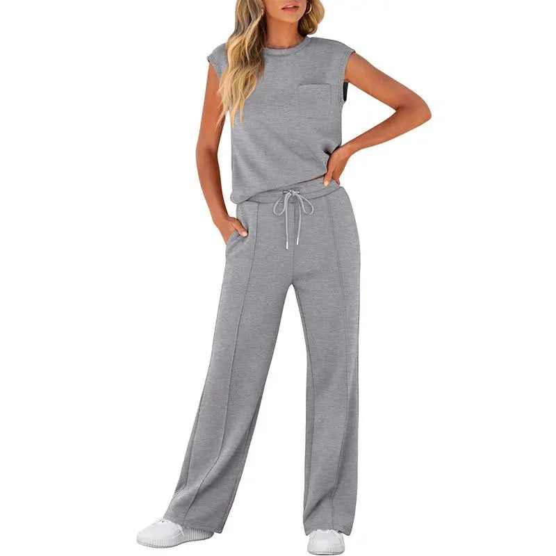 Women's Summer 2 Piece Outfits Casual Sleeveless Sweatsuits Matching Wide Leg Tracksuits Lounge Sets Women Basic Vacation Outdoor Outfit Sets Womenswear