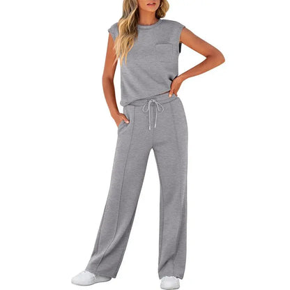 Women's Summer 2 Piece Outfits Casual Sleeveless Sweatsuits Matching Wide Leg Tracksuits Lounge Sets Women Basic Vacation Outdoor Outfit Sets Womenswear