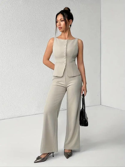Women's Solid Button Front Tank Top & Wide Leg Pants Set