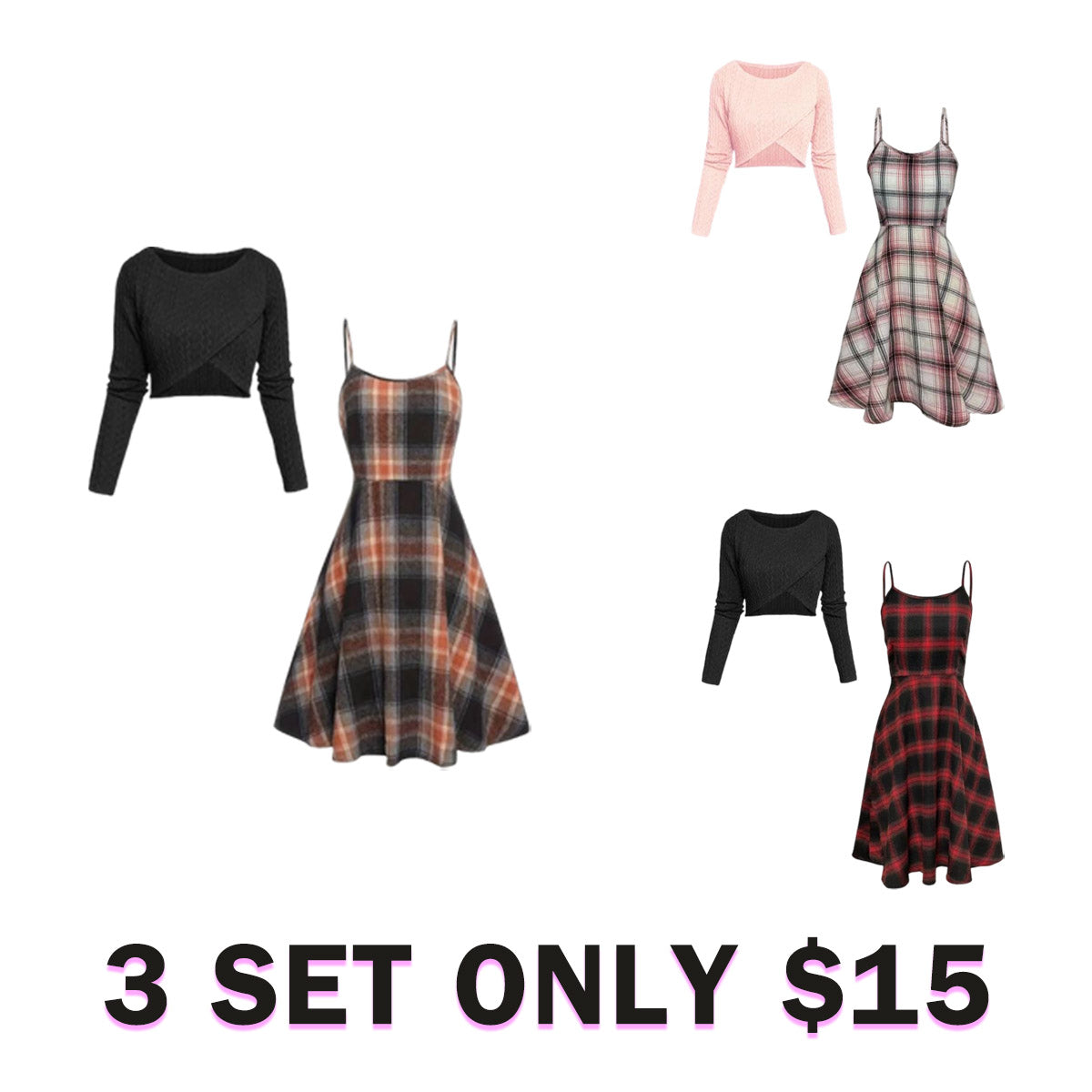 Women's Long Sleeve Crop Top & Plaid Print A-Line Dress Set