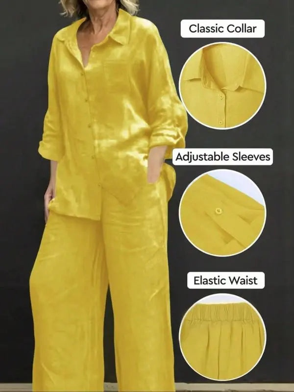 Women's Solid Color Shirt & Wide Leg Pants Set