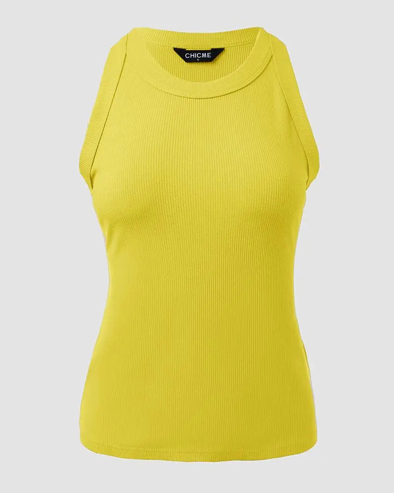 O-Neck Knit Sleeveless Basic Slim Fit Tummy Control Tank Casual Top(Without Pads)
