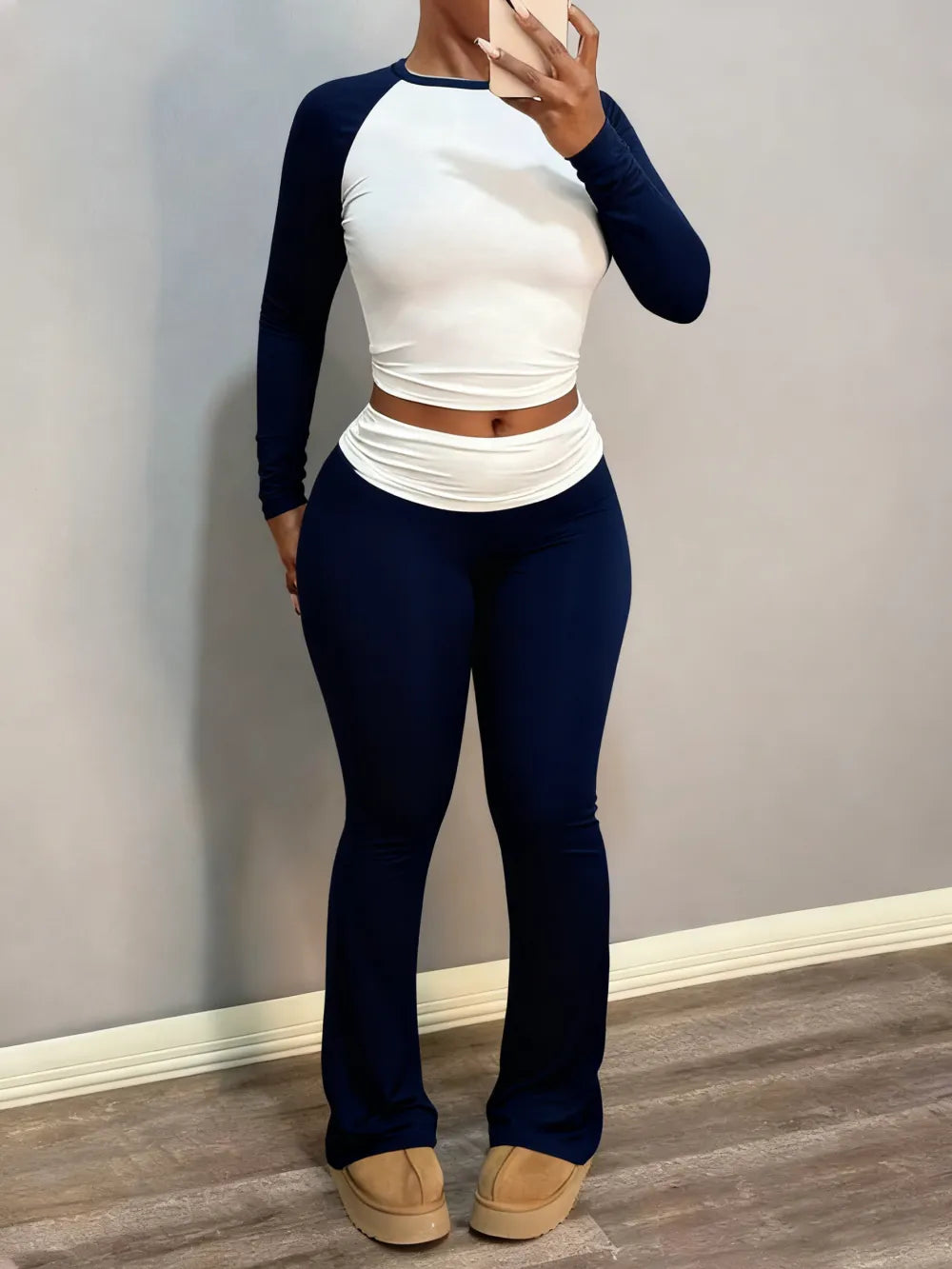 Round Neck Long Sleeve Color Block T-Shirt with Ruffled Flare Pants Set