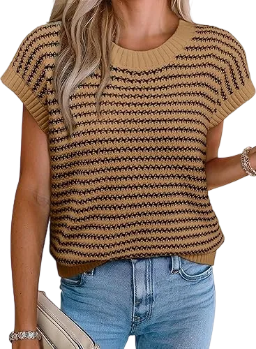 Women's knitted vest, striped pullover, sleeveless top, round neck