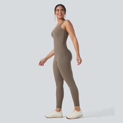 V Neck Butt Lifting Workout Jumpsuit with Pockets