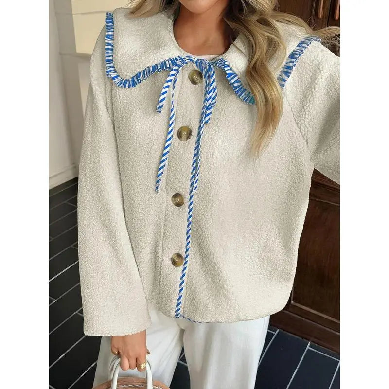 Womens Fuzzy Fleece Jacket Peter Pan Collar Button Down Fall Winter Sherpa Coats
