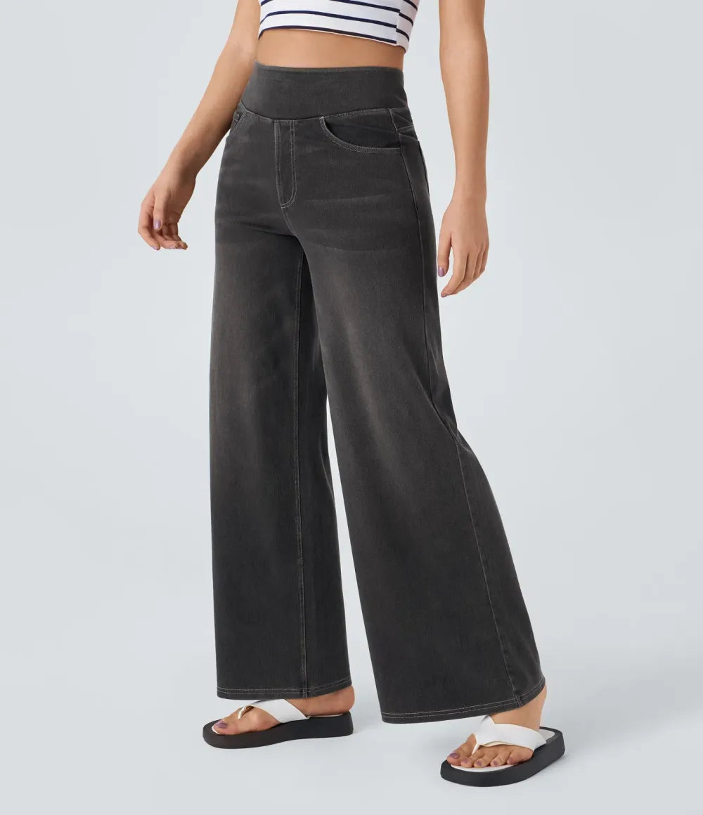 💝Last Day Promotion⚡High Waisted Multiple Pockets Baggy Wide Leg Washed Stretchy Knit Casual Jeans