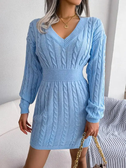Women's Cable Knit Sweater Dress With V Neck