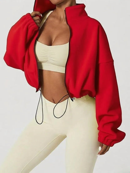 Women's Solid Color Zip Up Thermal Lined Sports Sweatshirt